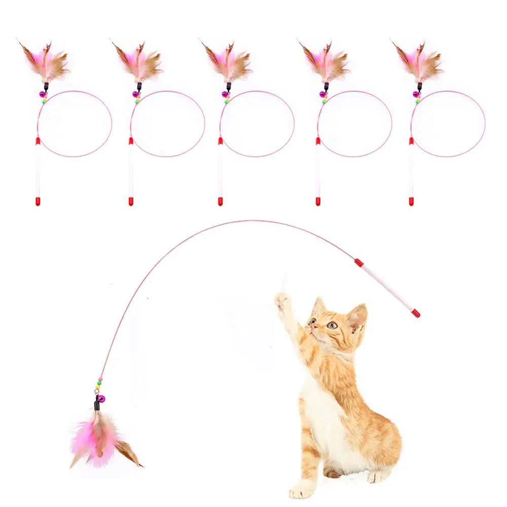 Feather Cat Teaser Wand - Interactive Retractable Fishing Pole Toy with Bells