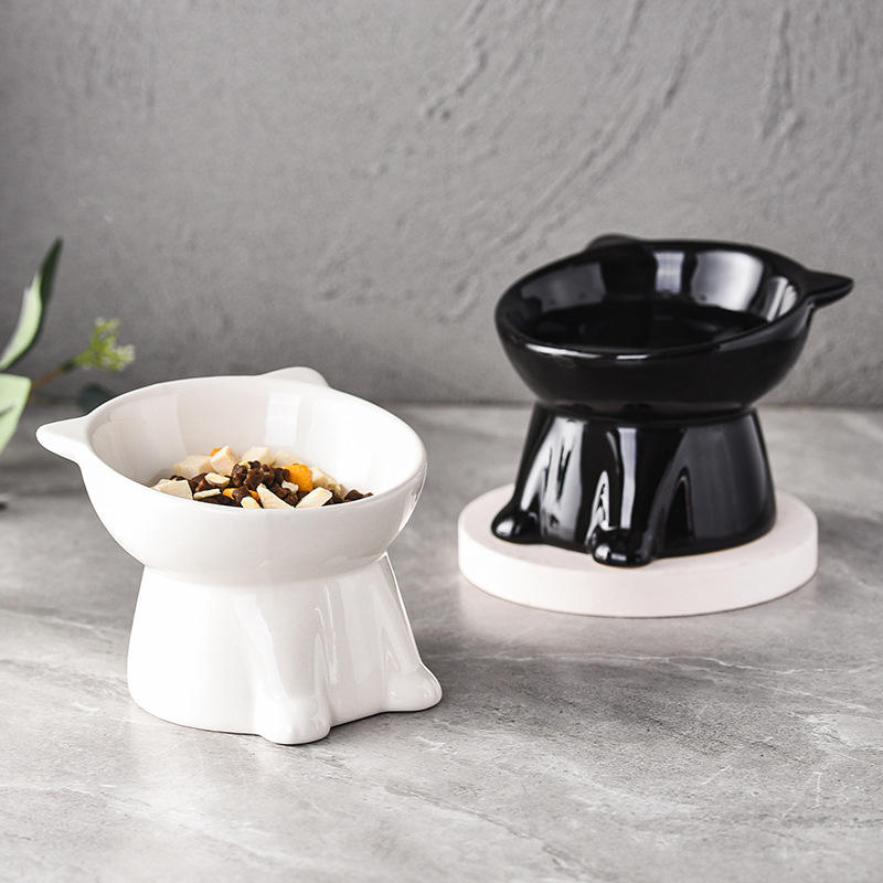 Tilted Elevated Ceramic Cat Bowls (White Marble)