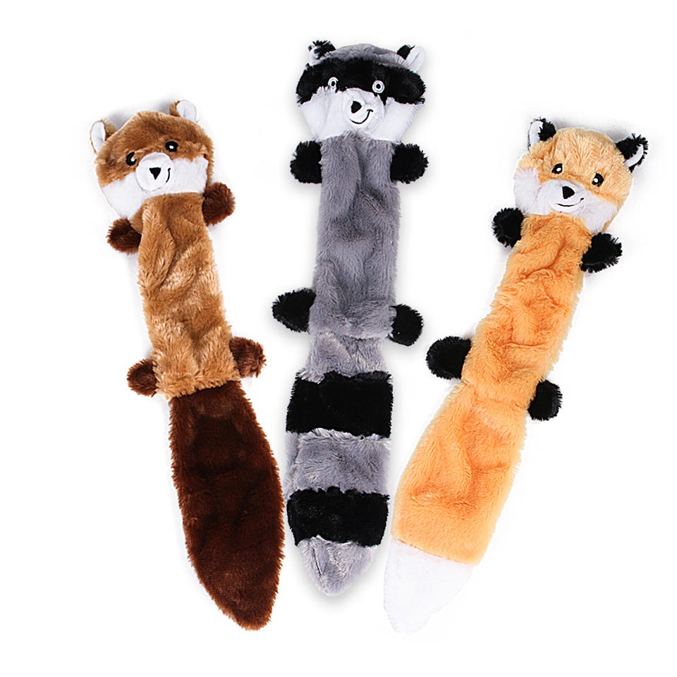 3 Pack No Stuffing Squeaky Plush Dog Toy (Fox, Raccoon, Squirrel)