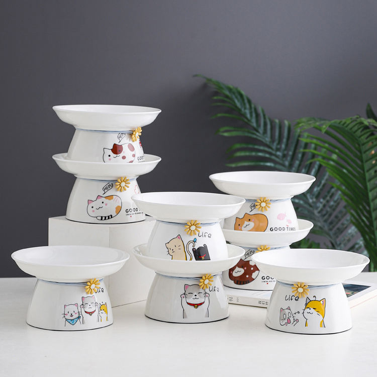 Tilted Elevated Ceramic Cat Bowls (White Marble)