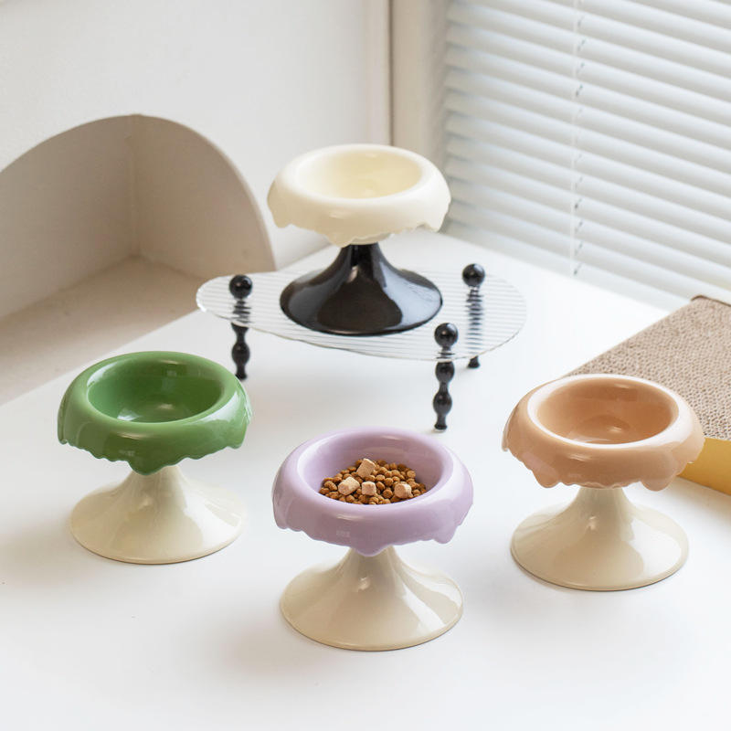 Tilted Elevated Ceramic Cat Bowls (White Marble)